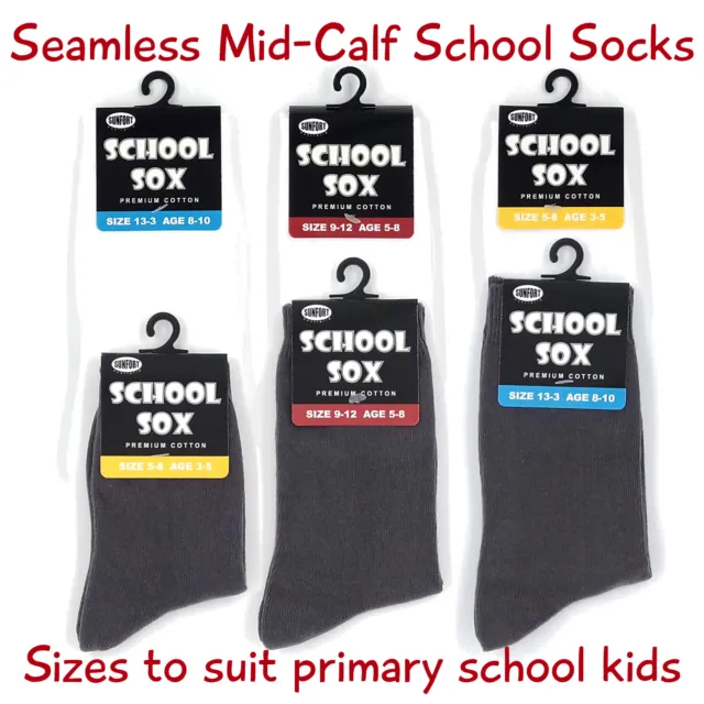 Seamless Premium Cotton Mid-calf School Socks, Kids Size, 6 Pairs, White or Grey