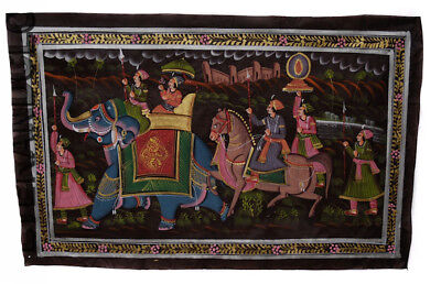 Hanging Wall Painting Mughal On Silk Art Elephant India 73x47cm 32