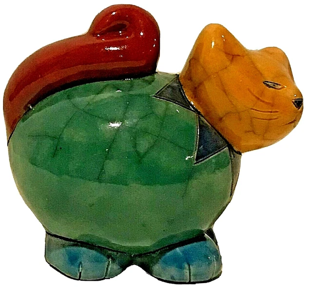 South African Fenix Raku Pottery Cat Standing Bold Green Red Blue Yellow Colors!