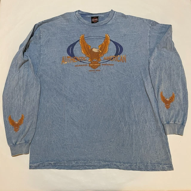 VINTAGE 90S HARLEY Davidson Eagle Flames Logo Long Sleeve TShirt Adult