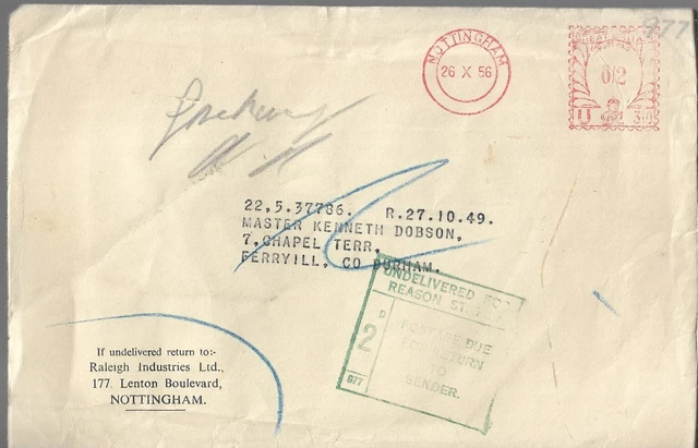 2d POSTAGE DUE BOXED CACHET ON 1956 TYPED COVER FROM NOTTINGHAM REF 1361