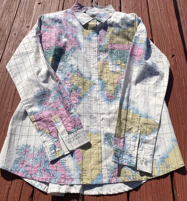 Signals World Map Button Up Blouse Womens 1X Colorful Long Sleeve