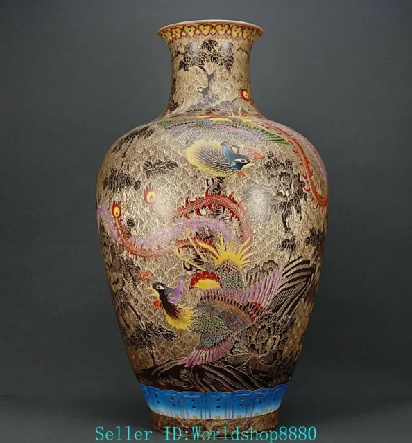 17.2'' QIanlong Marked Old China Enamel Gilt Porcelain Phoenix Bird Bottle Vase