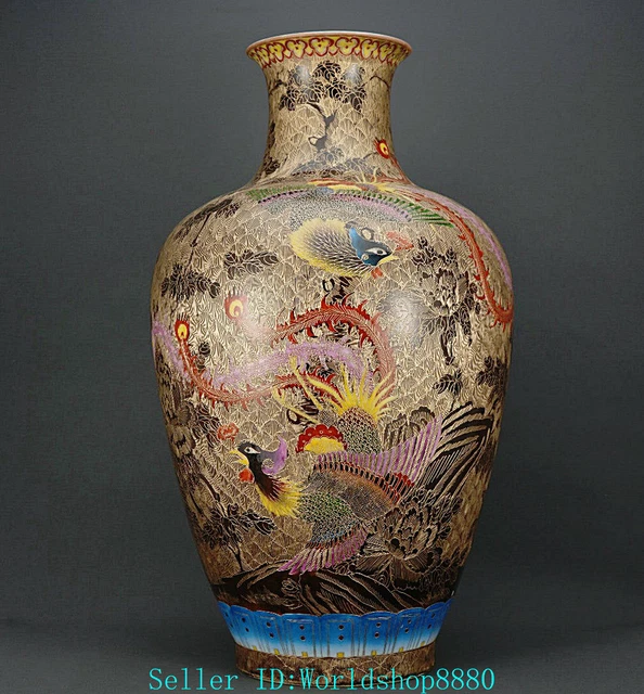 17.2'' QIanlong Marked Old China Enamel Gilt Porcelain Phoenix Bird Bottle Vase