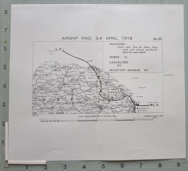 Zepplin Map WW1 MAP ZEPPELIN AIRSHIP RAID 3-4 Apr 1916 GREAT YARMOUTH NORFOLK ...