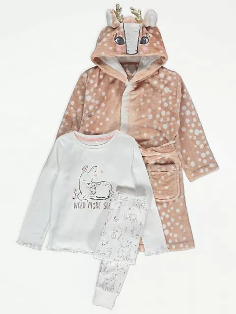 Girls Xmas Long Sleeve Deer Pyjamas Dressing Gown Robe Pj's 3 Piece Set