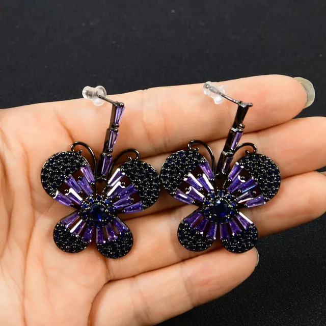 Cz Crystal Pave Butterfly Shape Gunmetal Dangle Drop Stud Earrings For Women