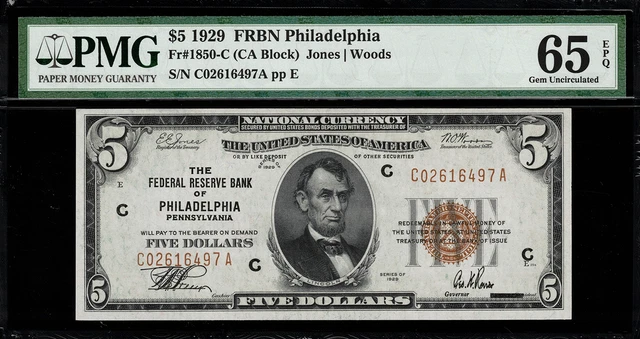 1929 $5 Federal Reserve Bank Note Philadelphia - FR.1850-C - Graded PMG 65 EPQ