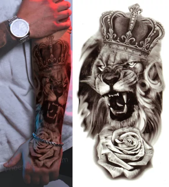 Temporary Tattoo Lion King & Rose Sleeve Fake Body Art Sticker Waterproof Mens
