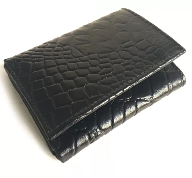 Black Croc Leather Mens Trifold Wallet Center Flap Credit Card Holder