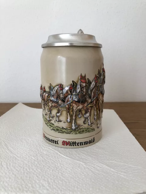 Brauerei Mittenwald Bierkrug mit Zinndeckel