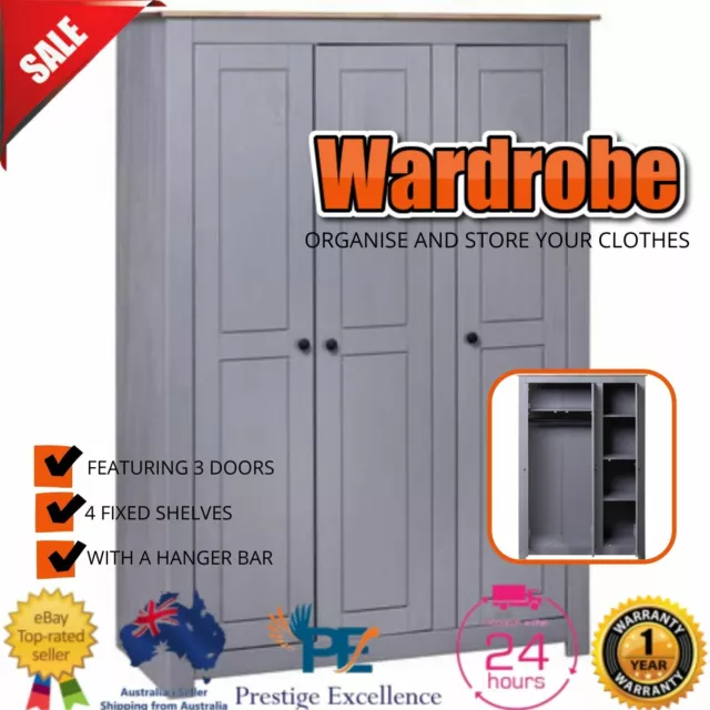 3 Door Wardrobe Cabinet Bedroom Wooden Clothes Storage Organiser Shelves Large