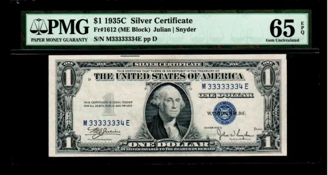 1935 C $1 Silver Certificate currency PMG GEM UNC 65 EPQ (Rare Number M33333334E