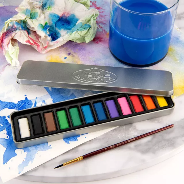 12 Wasserfarben Näpfchen Malkasten Aquarell Farben Set in Metalletui mit Pinsel