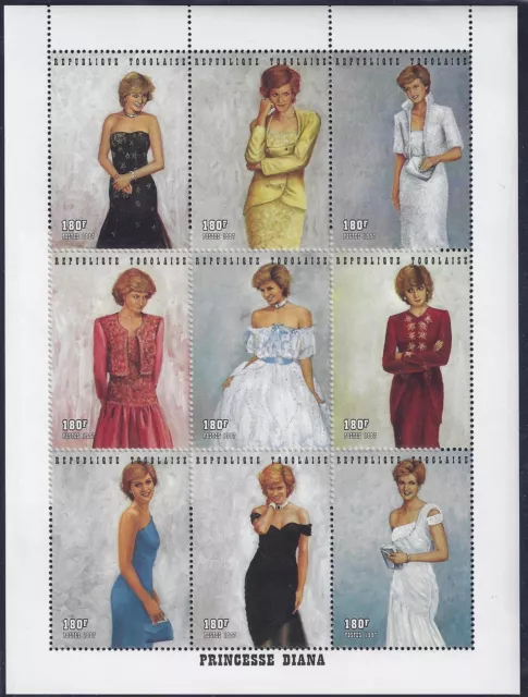 TOGO 1997 PRINCESS DIANE IN DESIGNER GOWNS 9 SOUVENIR SHEETS & SHEET OF 9 Sc