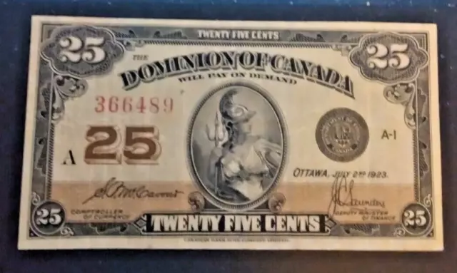 1923 25c Twenty Five Cents Dominion of Canada McCavour-Saunders Bank Note VF30??