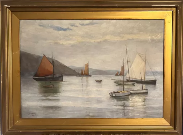 William Lumley Oil On Canvas Maritime Painting 'In Harbour' Ships Seascape 1930