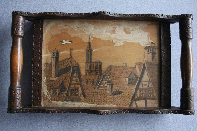 Plateau De Service Alsacien En Bois Peint – Décor Strasbourg – Signé WERY Art Déco