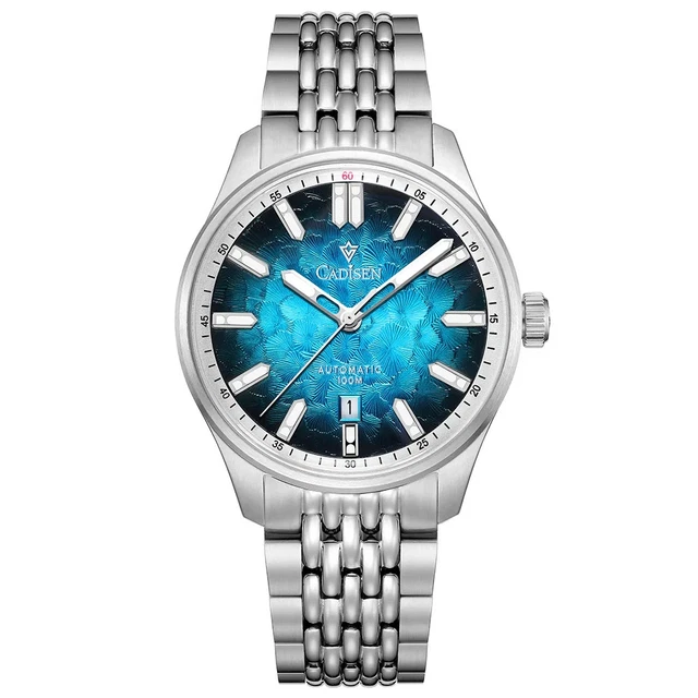 CADISEN Orologio Meccanico Automatico Uomo - Cassa Acciaio Inox 38mm, Vetro Zaffiro, Impermeabile 5 Bar, Quadrante Blu, Cinturino Acciaio