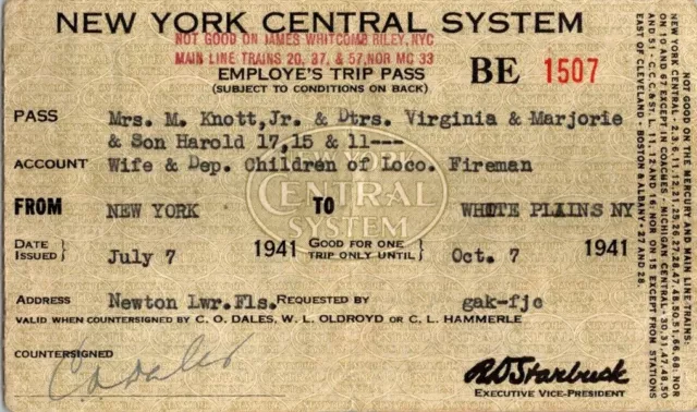 Vintage 1941 New York Central System Railroad Employee Trip Pass - Fireman