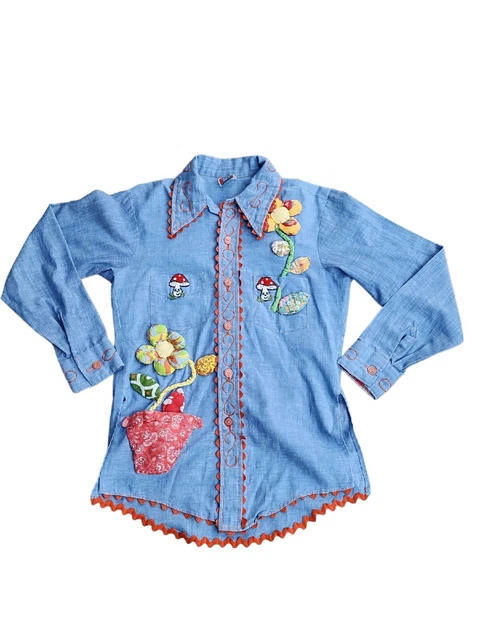 Vintage 70’s Perma Prest Button Down Long Sleeve Shirt SZ 18 Mushroom & Flower