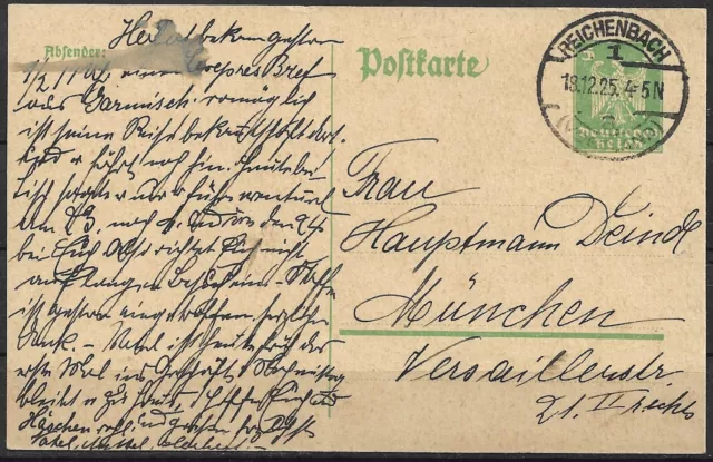 DR 1925 Ganzsachenpostk. P 156 I  -  5 Pf.grün Adler, Reichenbach - München