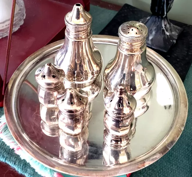 Silver 6PcSalt/Pepper/Oil Vintage Set w/Pedestal Serving Tray 368Grams Vintage