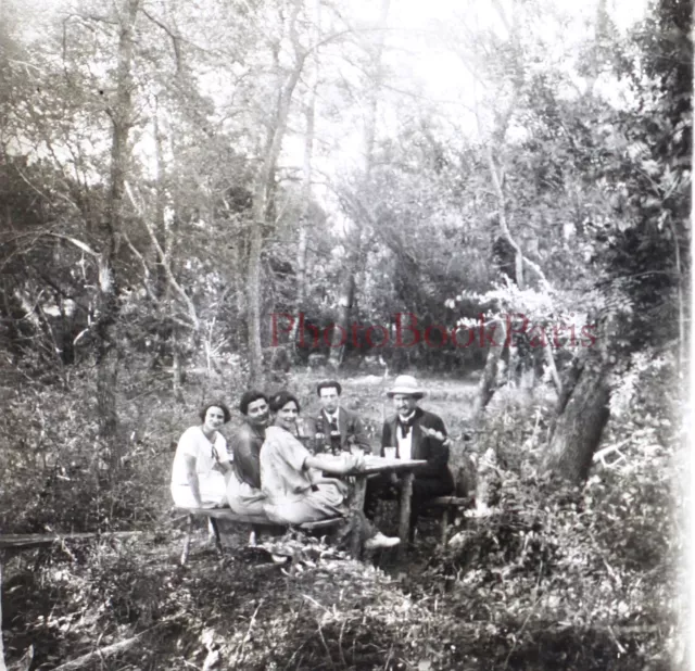 FRANCE Family Lunch in the Woods c1920 Photo Glass Plate Stereo Vintage 