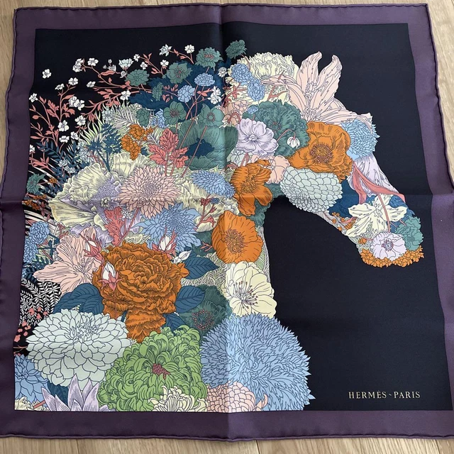HERMES Purple Silk Horse Floral Print Scarf 42x42 Box Ribbon Shop Card