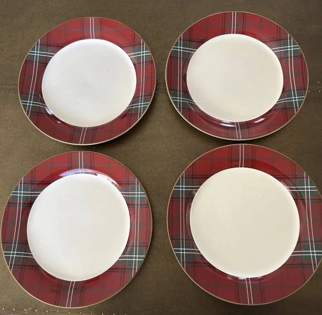 Juego de 4 platos de cena a cuadros Williams Sonoma tartan nuevo con caja agotados Navidad