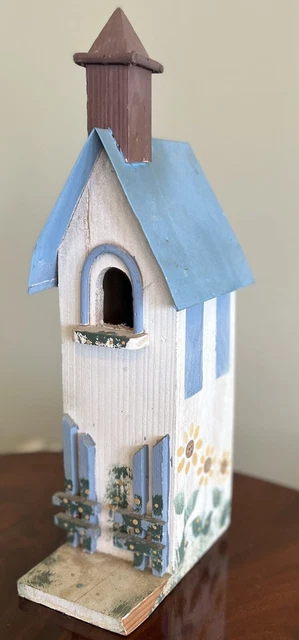 Birdhouse Tall Floral Shabby Chic Painted Country Cottage Decor White Blue