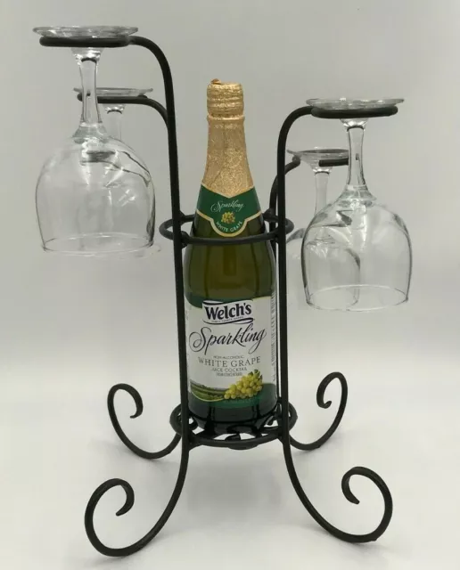Tabletop Wine Bottle & Glass Stand Rack Caddy Holder Black Wrought Iron Amish