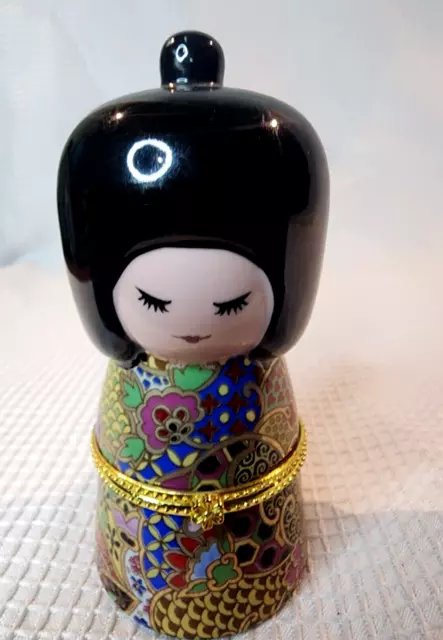 Vintage Asian Girl Hinged Trinket Box Enamel Porcelain Gold Cloisonne 4" Kokeshi