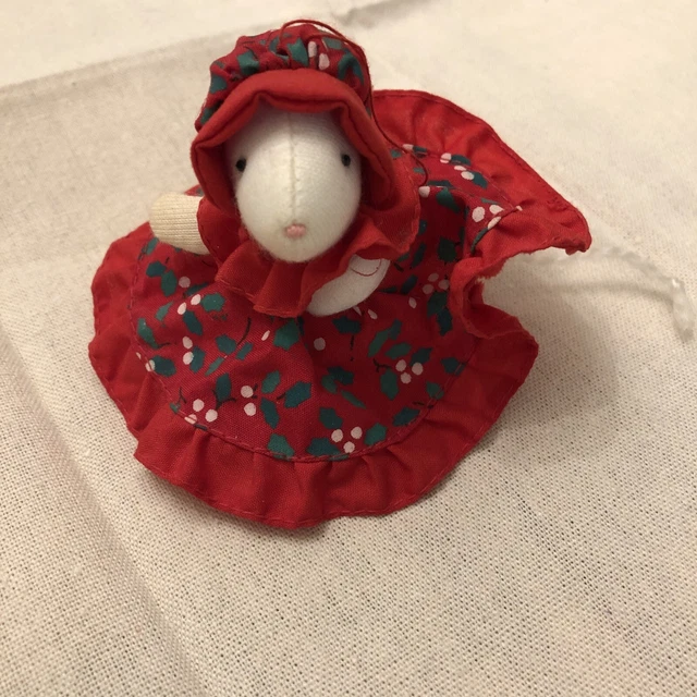 Vtg Russ Berrie Girl Mouse Xmas Ornament Red Dress Bonnet Holly Leaves 1980's