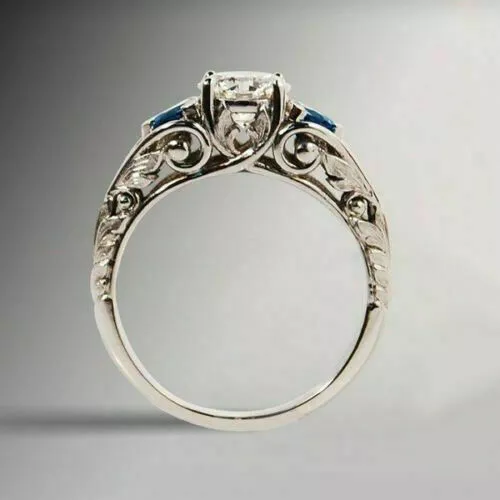 Three Stone Design White Round With Blue Sapphire Engagement Ring In 935 Silver 3