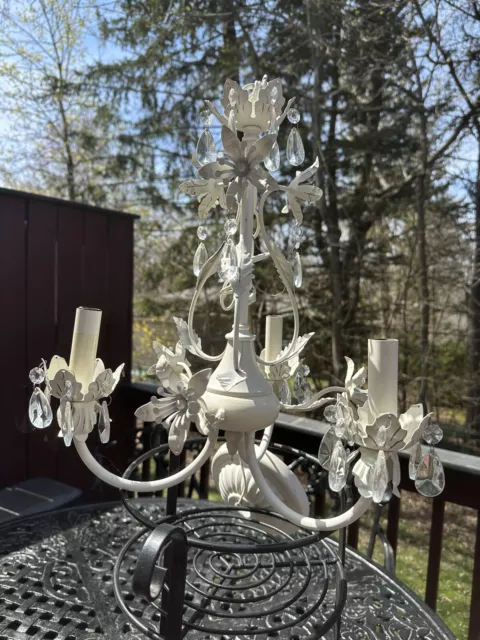 Vintage White Petite Tole Boho Chic Chandelier with Crystals Regency Style Decor