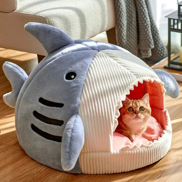 ✅ Haifisch Design Haustier Bett Blau & Grau Katze Hund Kissen Schlafen Kuscheln✅