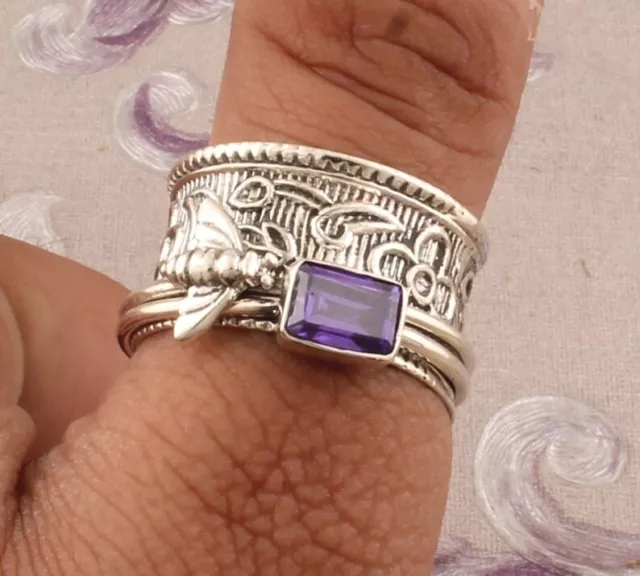 Amethyst 925 Sterling Silver Spinner Ring Meditation Handmade Jewelry R2H036