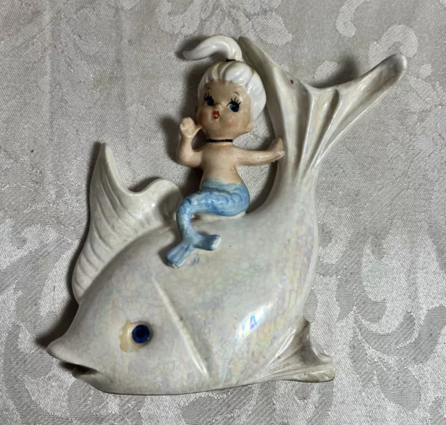 Vintage Norcrest Ceramic Mermaid on Iridescent Fish, Wall Plaque, Figurine H-9"