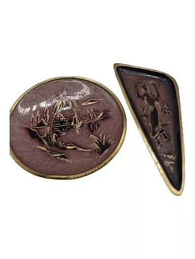 VTG A.N. OPPENHEIM Black Burnished Enamel Wall Plaques Hand Engraved ISRAEL