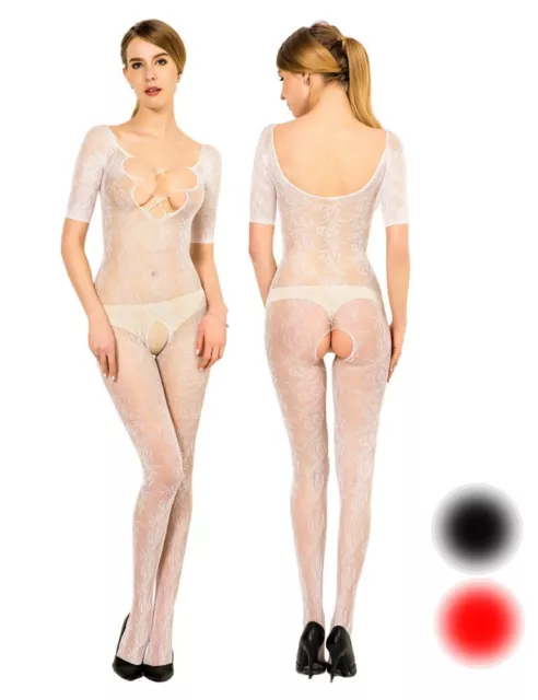 Catsuit donna sexy nylon rete tuta body stocking pizzo biancheria elegante Gogo S/M/L