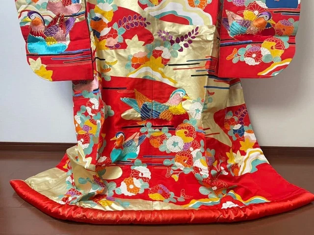 Vintage Japanese KIMONO Wedding dress Embroidery Flower Bird Height approx 180cm