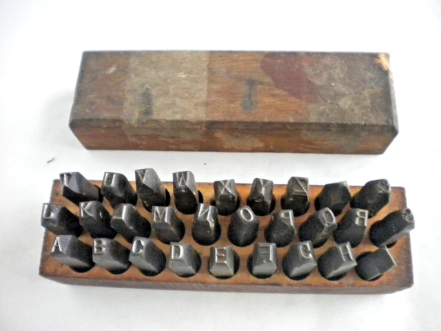 Complete 28 pc Set Vintage Y B Alphabet 1/4" Steel Die Punches in Wood Box