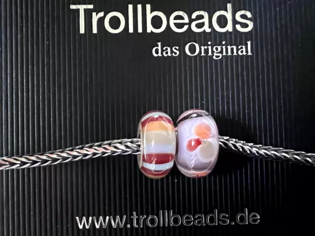 🌟 Trollbeads Set Erdbeerstreifen + Pinke Fantasieblume (Fröhliches Sommer Set)