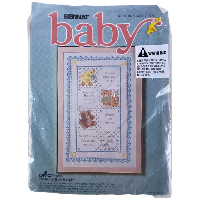 VTG 1987 Bernat Baby PLAYTHINGS BABY BIRTH SAMPLER Counted Cross Stitch Kit New