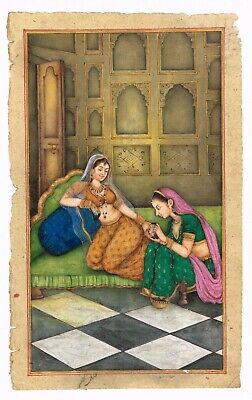 Mughal Miniature Art Painting Queen Is Applying Mehndi in Her Hand By Attendant