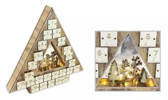 Christmas Wooden Tree Shaped Design LED Advent Calendar 24 Drawers Xmas Gift NEW