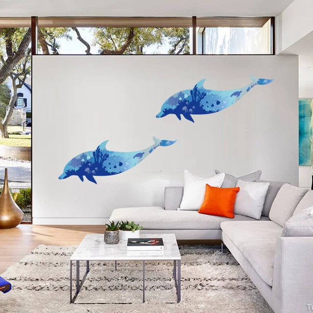 2 PIEZAS PVC Nordic Style Dolphin pegatinas de pared autoadhesivas impermeables desmontables