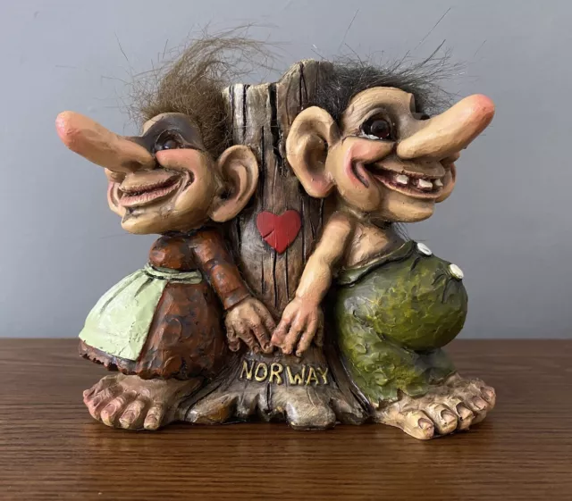 Vintage Original Nord Suvenir Norwegian Souvenir TROLLS Lovers Around Tree Stump