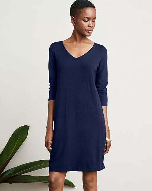 Eileen Fisher viscose jersey three quarter sleeve v neck dress navy blue size M